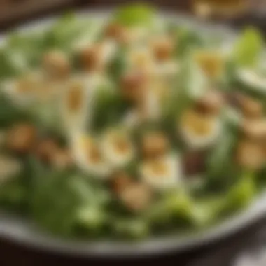 Traditional Caesar Salad Ingredients A close-up of a traditional Caesar salad displaying fresh romaine lettuce and croutons.