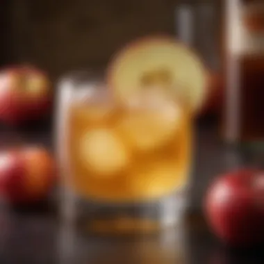 A close-up of the vibrant amber color of the Caramel Apple Whiskey Sour in a cocktail glass.