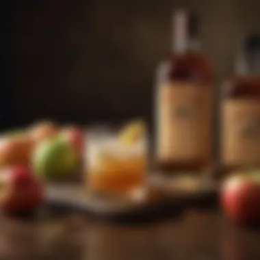 An array of fresh apples and caramel sauce alongside whiskey bottles.