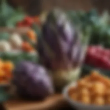 Colorful Vegetable Market with Cardoon Highlighted A vibrant market display showcasing various fresh vegetables, including cardoon.
