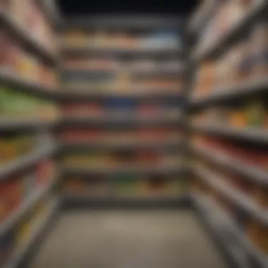Essential Groceries on Shelves Shelves filled with essential groceries at a low-cost store