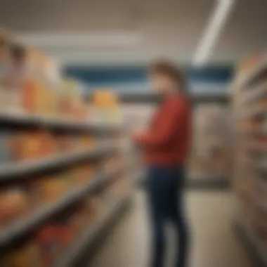 Consumer Price Evaluation in Store A consumer examining product prices in a convenience store