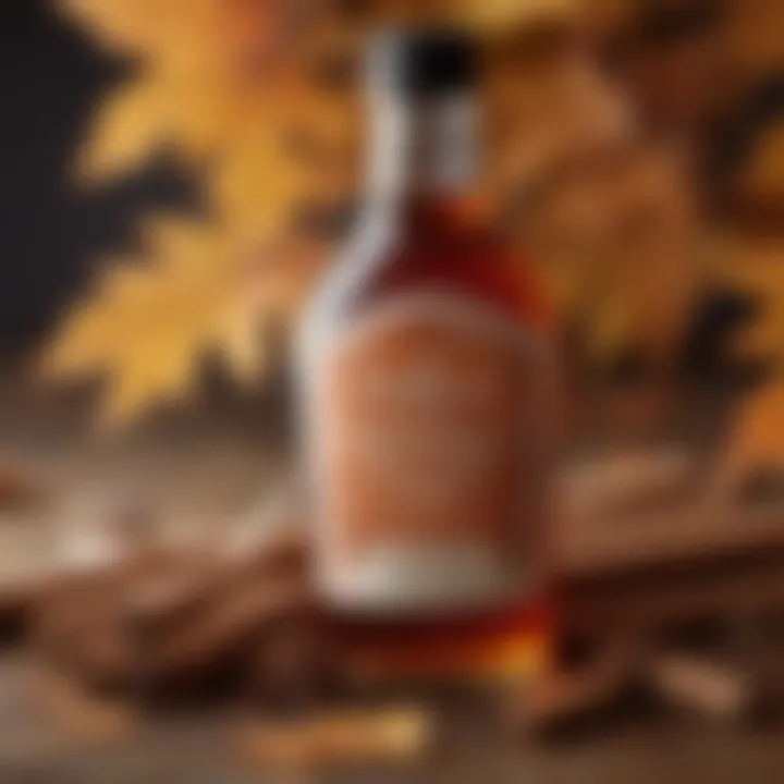 A close-up of a bottle of cinnamon maple syrup surrounded by cinnamon sticks and maple leaves.