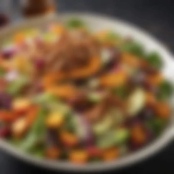 A vibrant salad drizzled with cinnamon maple syrup dressing, showcasing colorful vegetables.