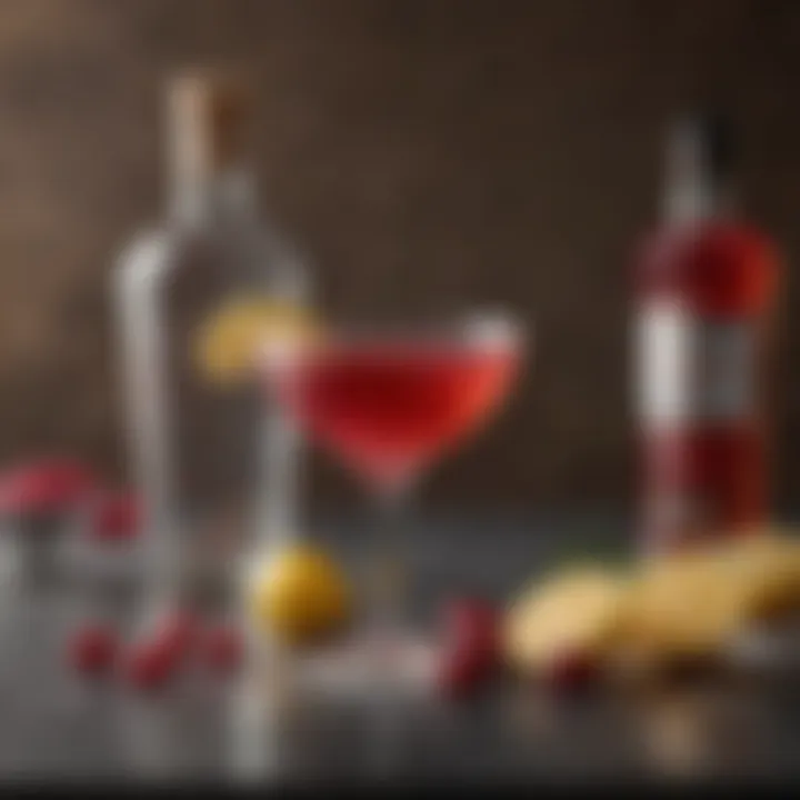 An array of ingredients used in a Cosmopolitan cocktail including vodka, triple sec, and cranberry juice