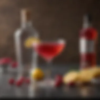 Essential Ingredients of the Cosmopolitan An array of ingredients used in a Cosmopolitan cocktail including vodka, triple sec, and cranberry juice