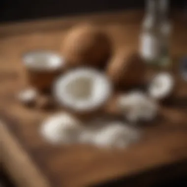 Ingredients for Coconut Mixology Coconut drink ingredients artfully arranged on a wooden surface
