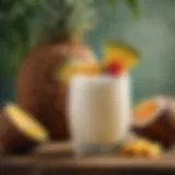 A refreshing coconut cocktail garnished with tropical fruits