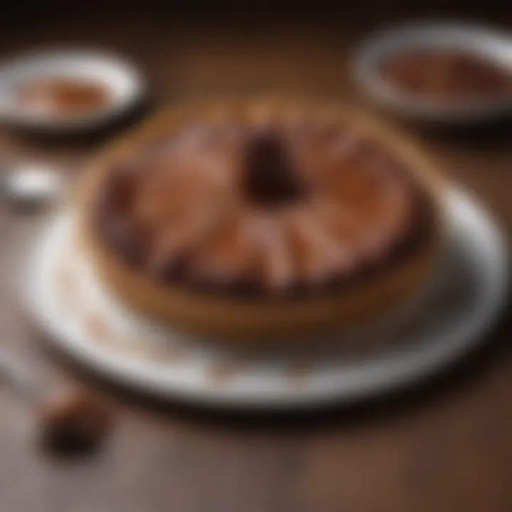 A luxurious chocolate tart drizzled with Crown Salted Caramel, showcasing a rich texture.