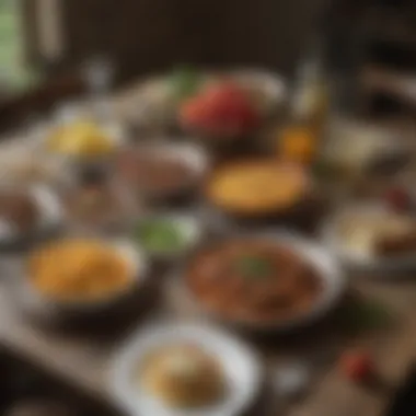 Countryside Table Setting with Hearty Fare A picturesque countryside table set with hearty dishes and fresh ingredients