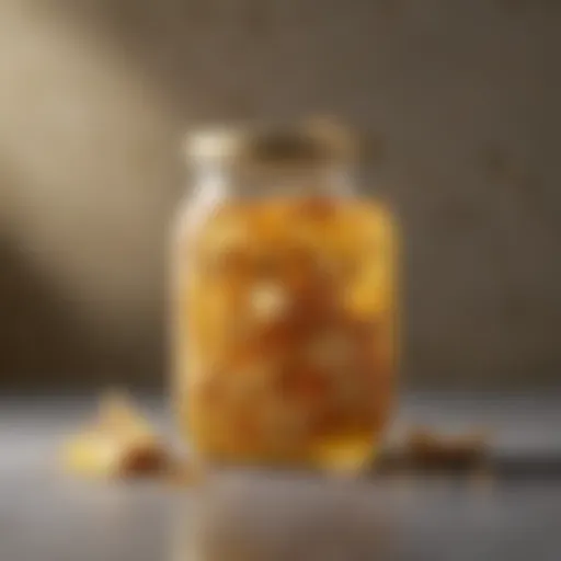 A vibrant jar of stem ginger in syrup with glistening pieces of ginger visible