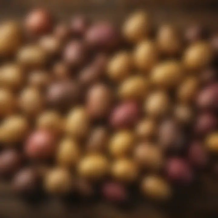 An assortment of colorful potato varieties on a rustic wooden table.