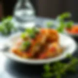 A beautifully arranged boneless chicken dish garnished with fresh herbs