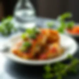 A beautifully arranged boneless chicken dish garnished with fresh herbs