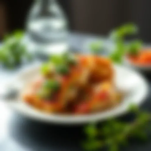 A beautifully arranged boneless chicken dish garnished with fresh herbs