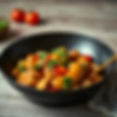 Vibrant Stir-Fried Boneless Chicken Stir-fried boneless chicken with vibrant vegetables in a sleek bowl