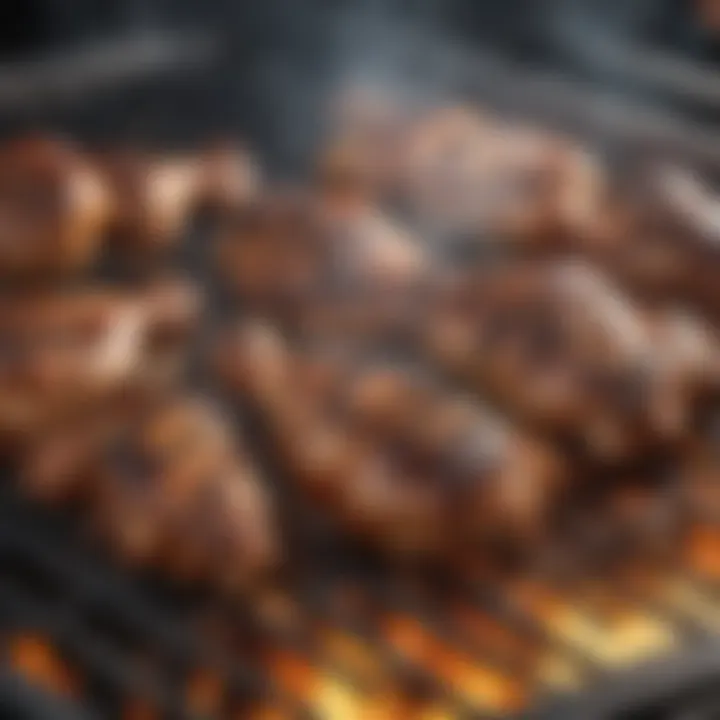 A grill with wings sizzling and smoke rising, showcasing grilling techniques