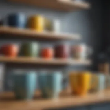 Charming ceramic mugs arranged on a kitchen shelf