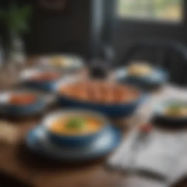 Beautifully set dining table featuring Dansk enamelware dishes in use.