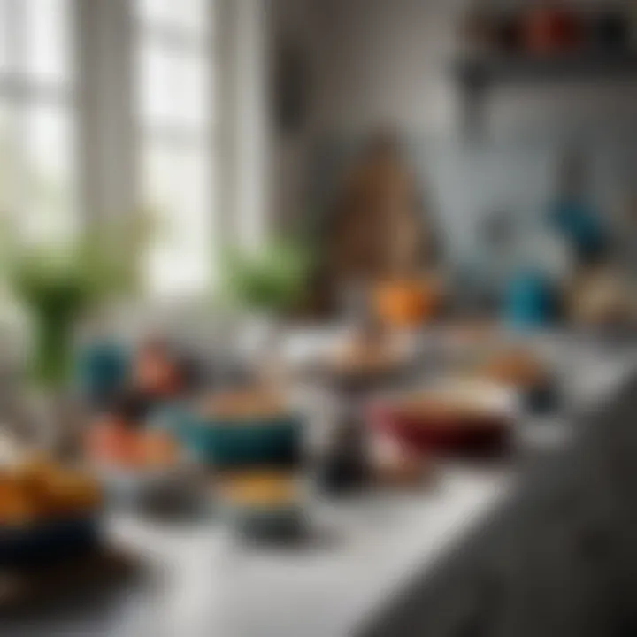 An assortment of Dansk enamelware items displayed in a modern kitchen setting.