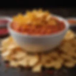 A vibrant display of various dips arranged creatively around a bowl of Fritos.