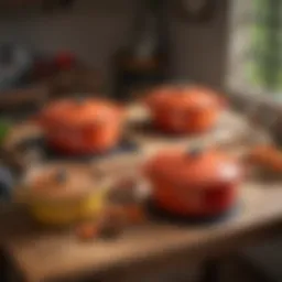 Elegant Le Creuset cookware set on a rustic wooden table