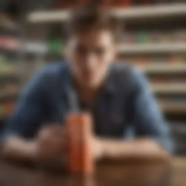 Researching Energy Drink Benefits A thoughtful individual engrossed in reading about the benefits of energy drinks.