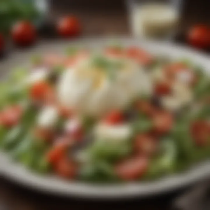 Fresh salad topped with mozzarella cheese and vibrant vegetables.