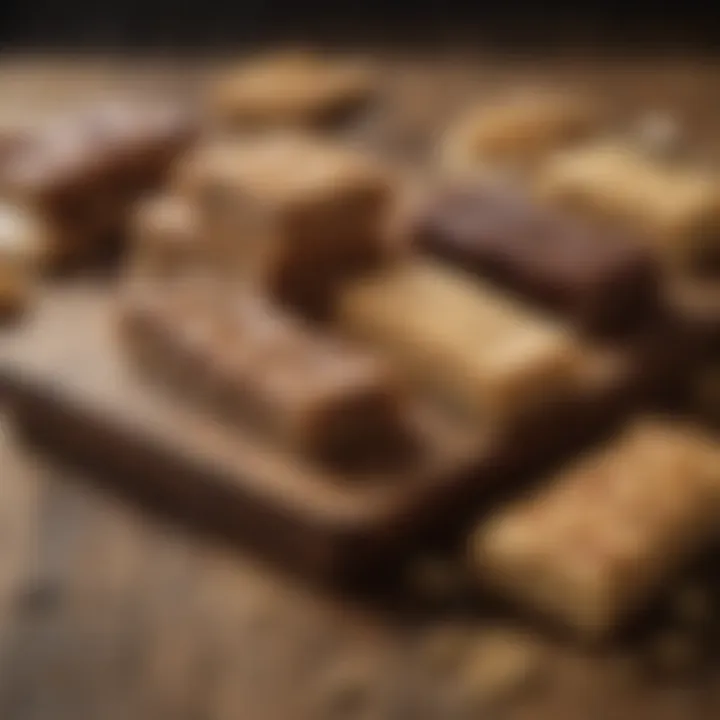 An assortment of protein bars displayed on a rustic wooden table, highlighting convenient snacks