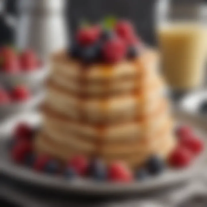 A stack of fluffy pancakes made without eggs, garnished with berries