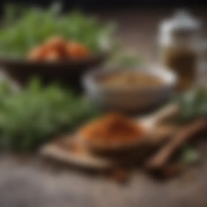 A serene kitchen scene with fresh herbs and spices ready for use