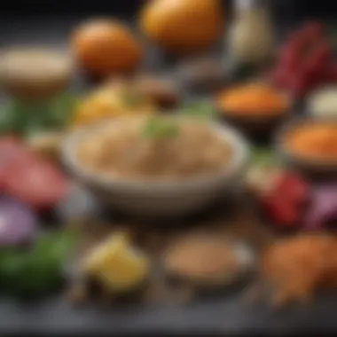 Key Ingredients for Fine Cooking A selection of essential gourmet ingredients arranged artistically
