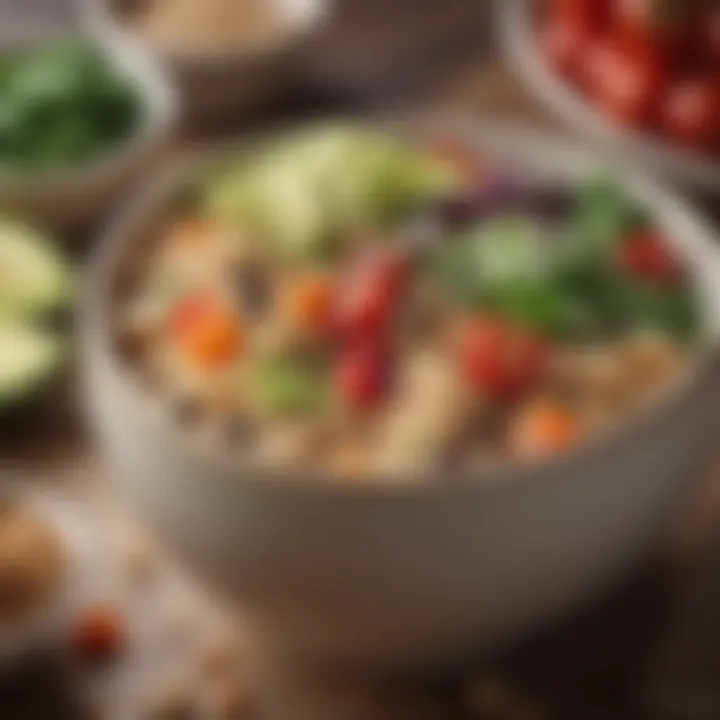 A close-up of a bowl filled with quinoa and assorted fresh produce