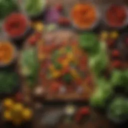 A vibrant spread of fresh vegetables and herbs on a wooden table