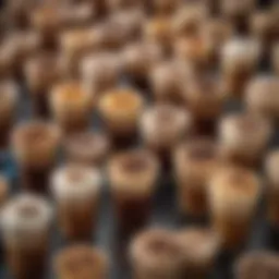 A vibrant array of frozen coffee drink mixes displayed in stylish glasses.