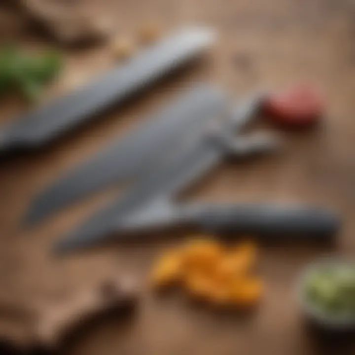 Ginsu serrated knife displayed with proper care and maintenance tools.