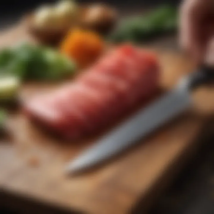 Ginsu serrated knife in action slicing through various foods effortlessly.
