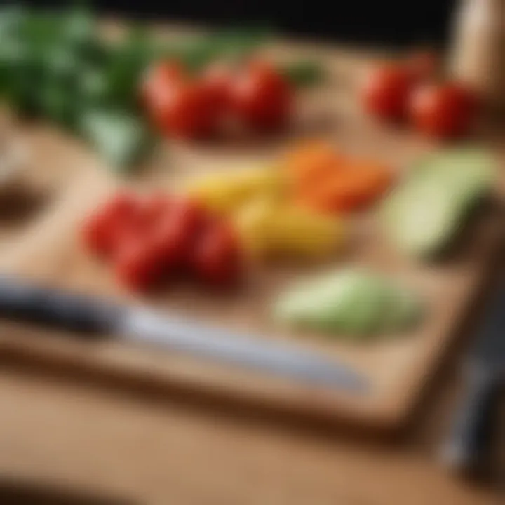 An array of fresh ingredients alongside the Ginsu serrated knife on a cutting board.