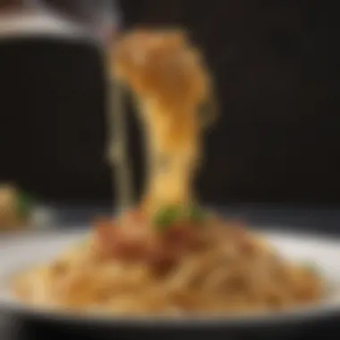 A close-up of gluten-free fettuccine being served with a rich sauce.