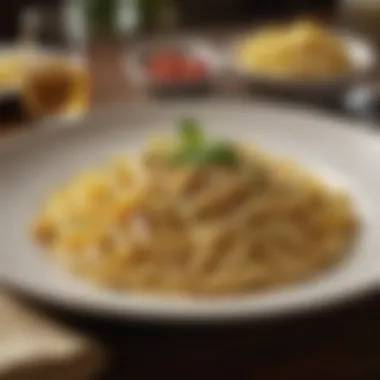 A beautifully plated gluten-free fettuccine dish set in a restaurant ambiance.