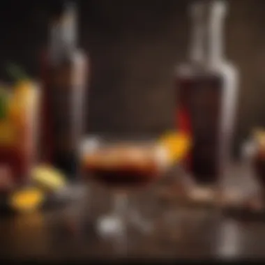 A selection of ingredients used in Godiva chocolate liqueur cocktails, showcasing flavors