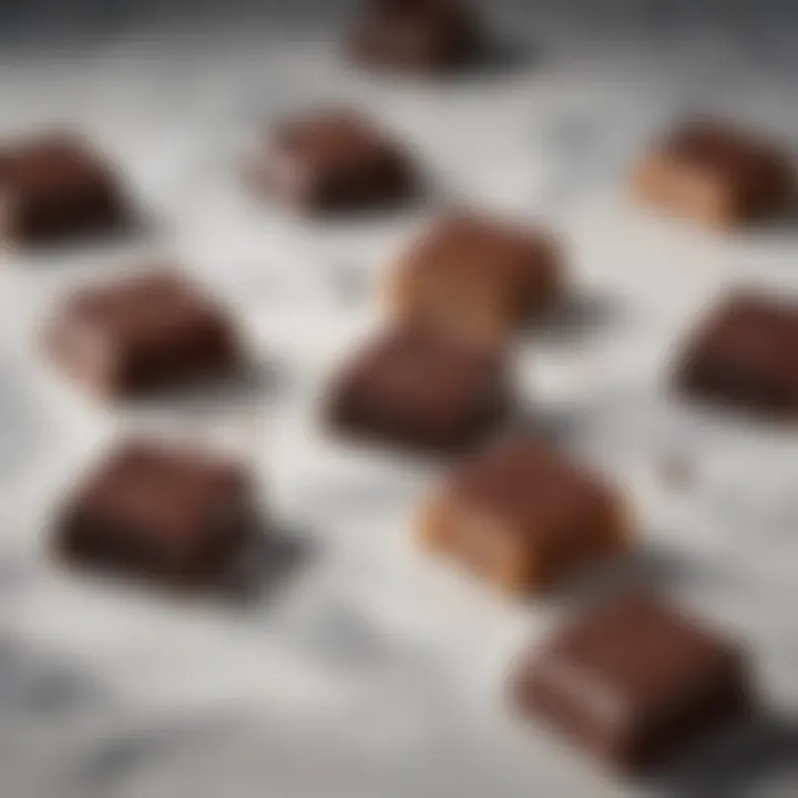 A close-up of Godiva Signature Sea Salt Dark Chocolate squares arranged elegantly on a marble surface.