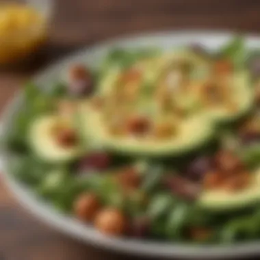 A colorful salad featuring avocado, nuts, and leafy greens, representing a perfect keto side option.