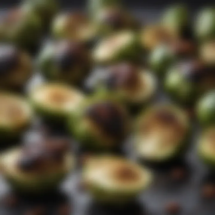 A selection of roasted Brussels sprouts drizzled with balsamic glaze, showcasing their golden crispiness.