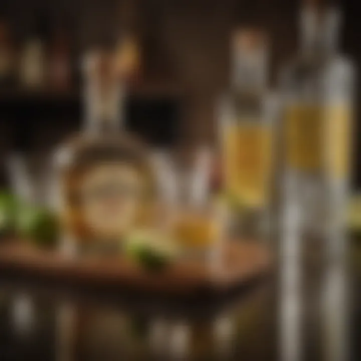 A selection of premium tequilas displayed with cocktail ingredients