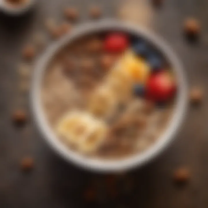 A vibrant smoothie bowl topped with hazelnut spread, fresh fruits, and seeds.