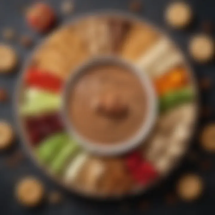 An array of healthy snacks featuring hazelnut spread as a dip, alongside fruits and crackers.