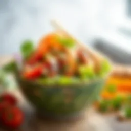 A vibrant salad bowl filled with fresh vegetables and lean protein