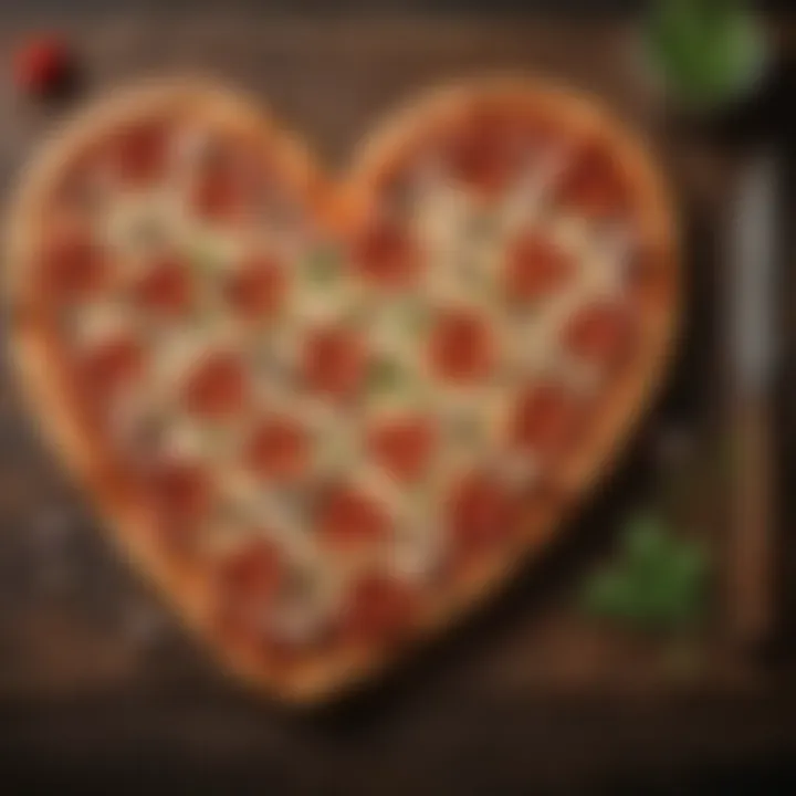 Creative heart-shaped pizza variations on a rustic wooden table