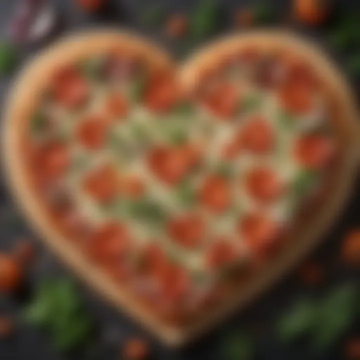 A close-up of heart-shaped pizza being garnished with herbs